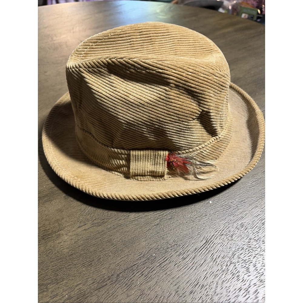 Vintage Adam New York Men's Tan Corduroy Fedora Hat Sz. L Feather Accent